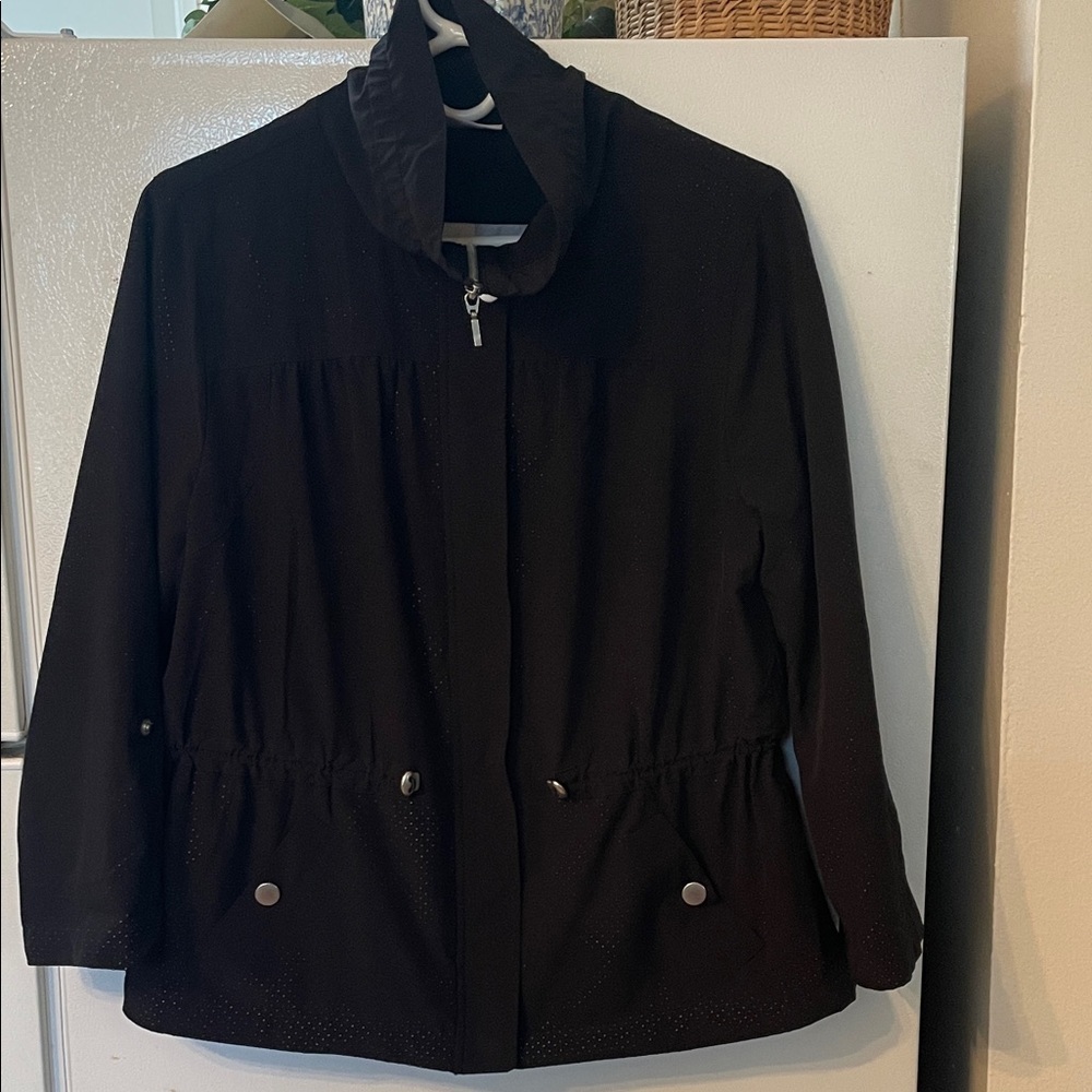 Chicos Zenergy Size 1 Black Women's Zip and Button Jacket Arm 3/4 Sleeves Button